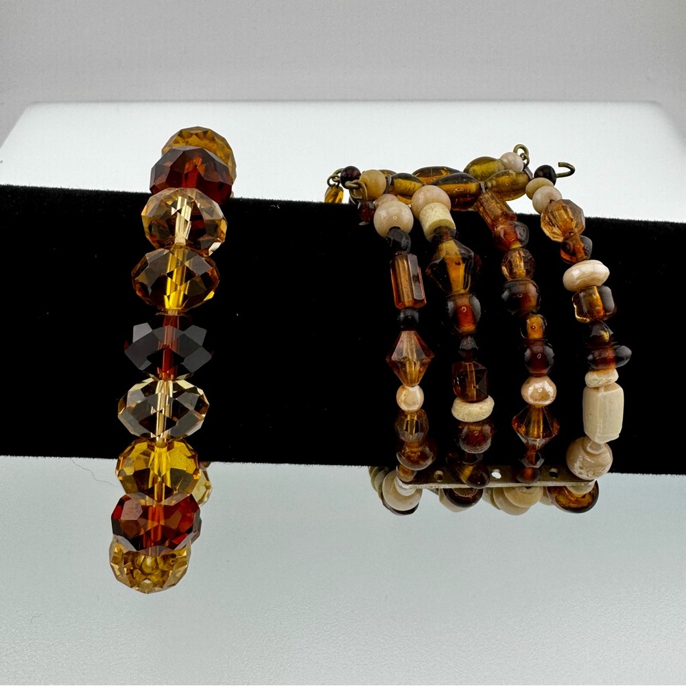 Elegant Beaded Stretch Bracelet Set in Amber and Brown Tones